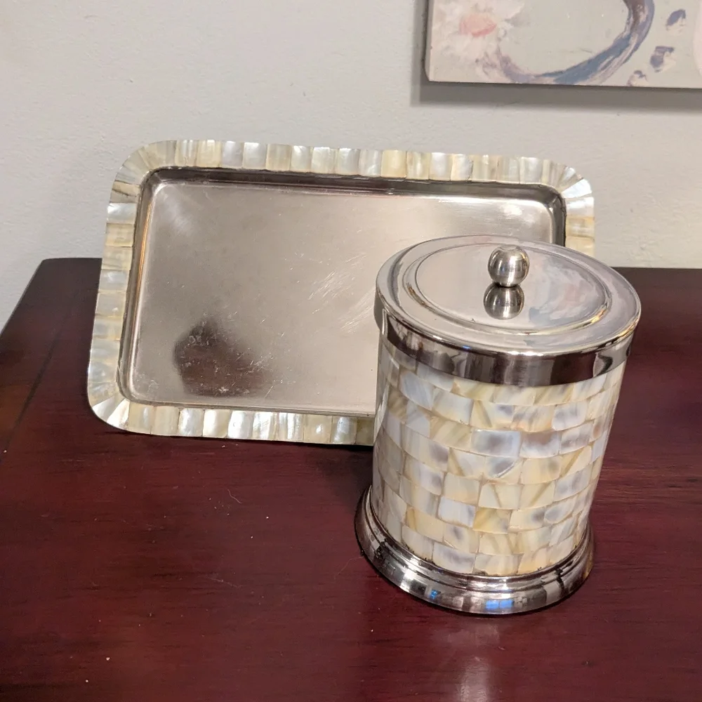 Pier One 2 Pc Mother Of Pearl Chrome Shiny Bath Accessories Lidded Canister Tray